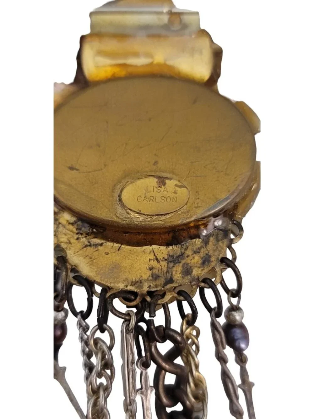 Lisa Carlson Artisan Steam Punk Multi Charm Chatelaine Brooch, Signed